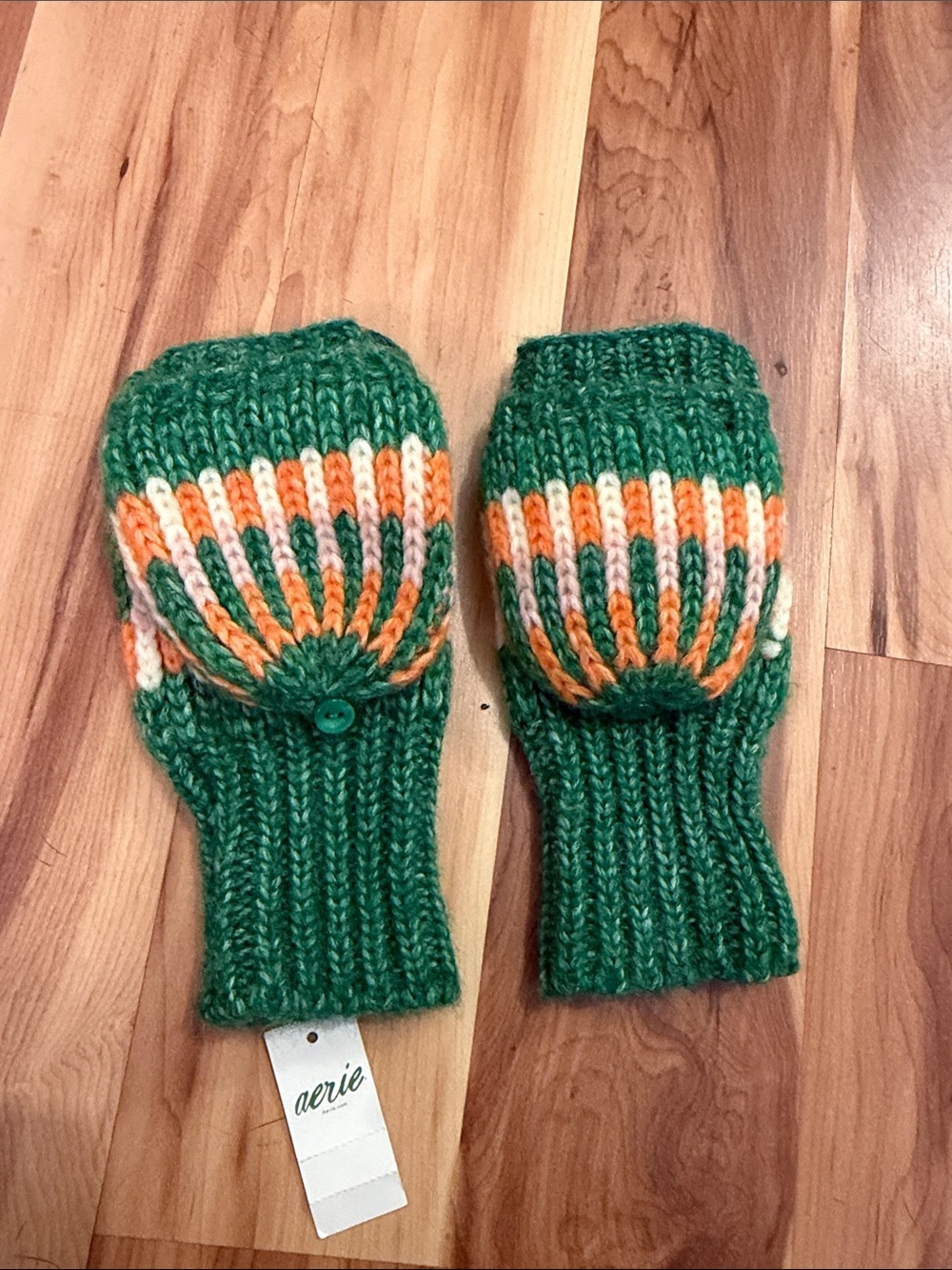 NWT aerie Green Knit Convertible Mittens with Orange & Cream Stripes - Picture 1 of 2